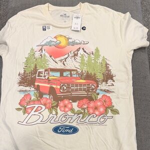 Hollister Cream Tee with Red Bronco Graphic